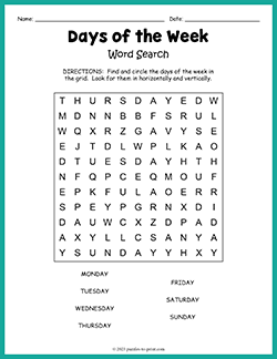 Free printable Days of the Week Word Search puzzle worksheet