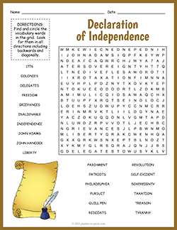 Free printable Declaration of Independence Word Search puzzle worksheet