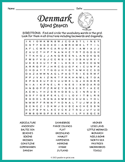Free printable Denmark Word Search puzzle worksheet