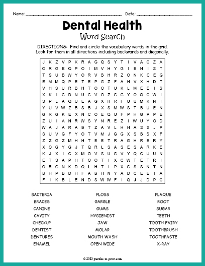 Dental Health Word Search