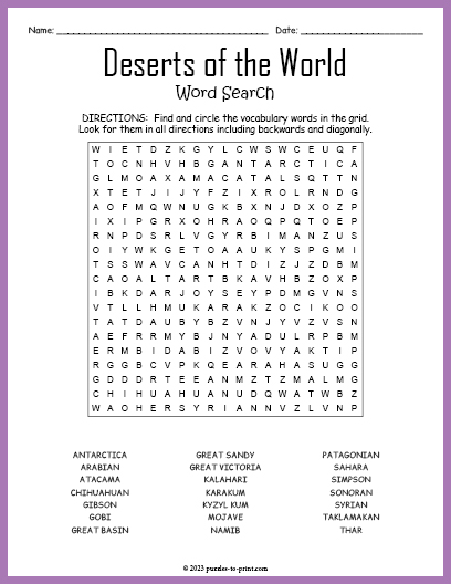 Deserts of the World Word Search