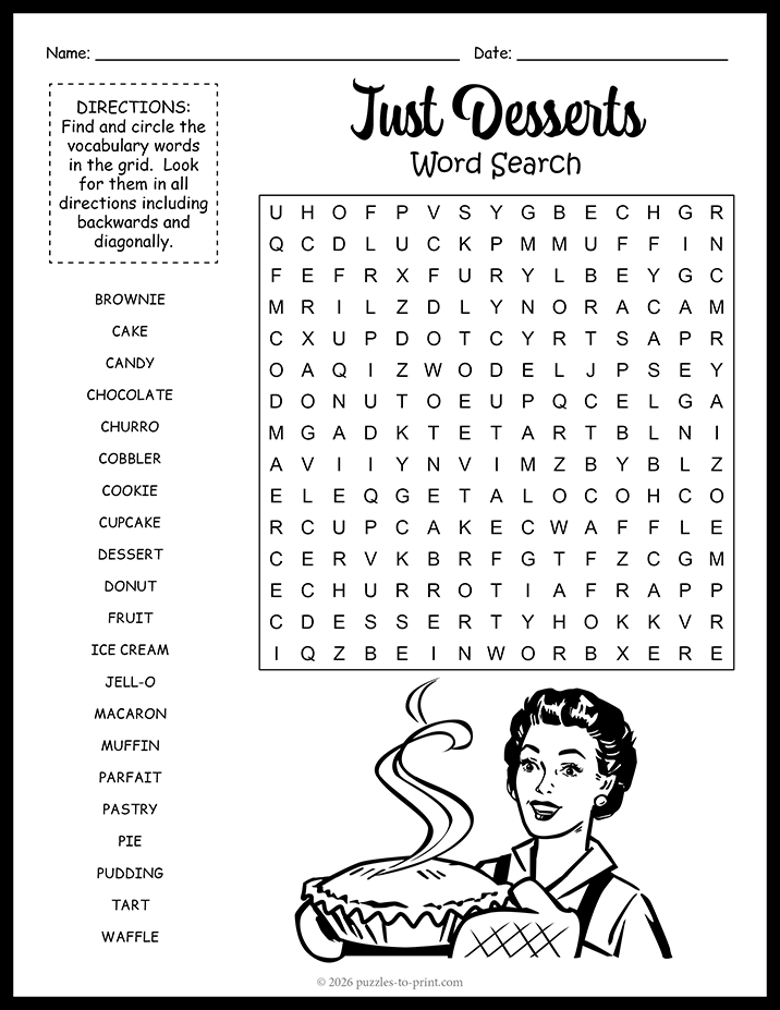 Desserts Word Search - Free Printable Activity