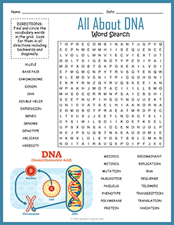 Free printable DNA Word Search puzzle worksheet