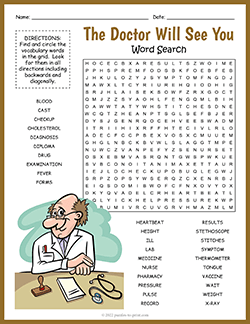 Free printable Doctor Appointment Word Search puzzle worksheet