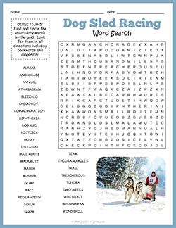Free printable dog sled racing word search puzzle worksheet