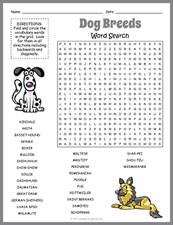 Free printable Dog Word Search puzzle worksheet