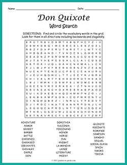 Free printable Don Quixote Word Search puzzle worksheet