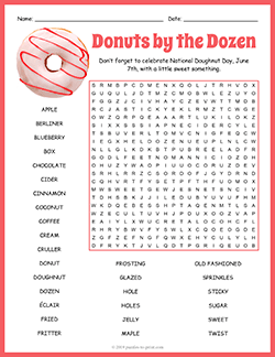 Free printable Donut Word Search puzzle worksheet