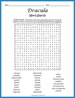 Free printable Dracula Word Search puzzle worksheet