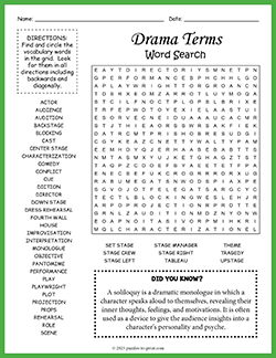 Free printable Drama Terms Word Search puzzle worksheet