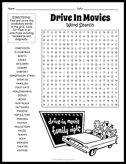Free printable Drive In Movies Word Search puzzle worksheet