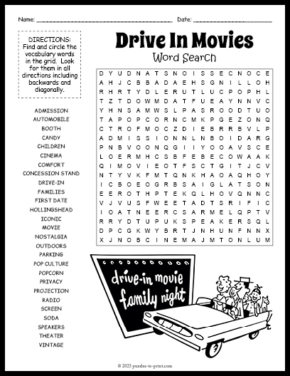 Drive In Movies Word Search