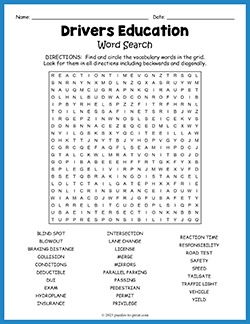 Free printable Drivers Education Word Search puzzle worksheet