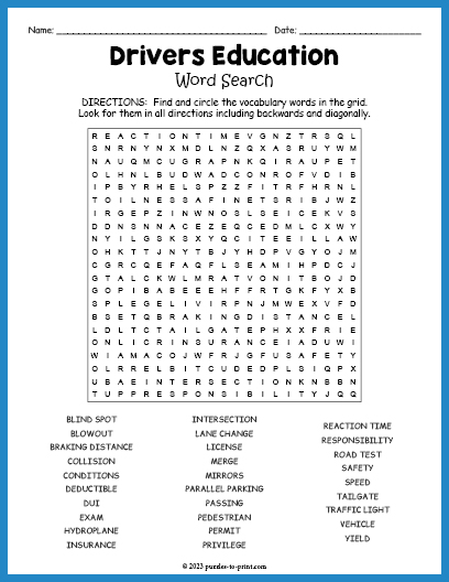Drivers Education Word Search