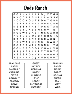 Free printable Dude Ranch Word Search puzzle worksheet