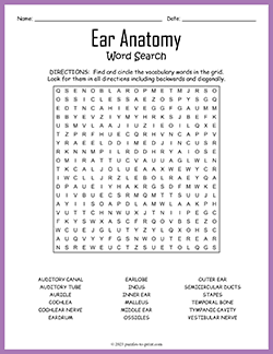 Free printable Ear Anatomy Word Search puzzle worksheet