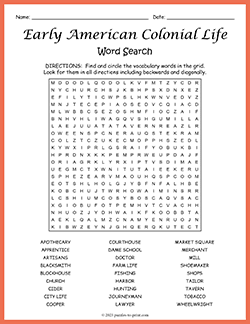 Free printable Early American Colonial Life Word Search puzzle worksheet