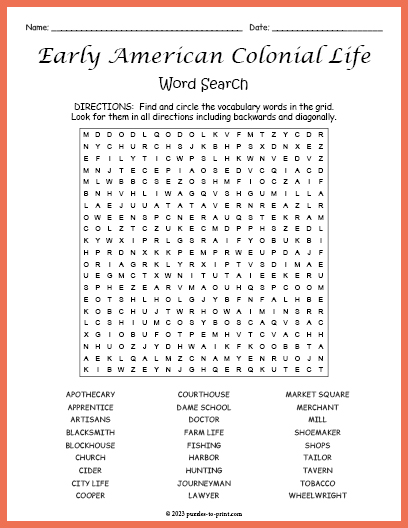 Early American Colonial Life Word Search