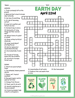 Free printable Earth Day Crossword puzzle worksheet