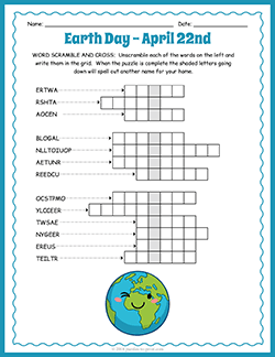 Free printable Earth Day Word Scramble and Crossword puzzle worksheet