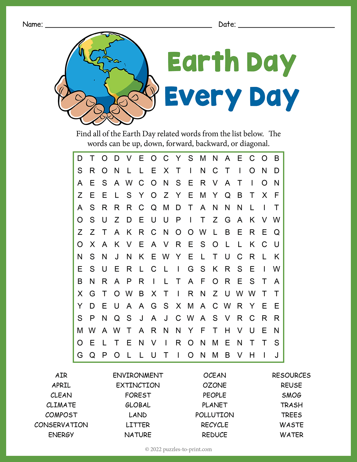 Earth Day Word Search Printable Free Puzzles