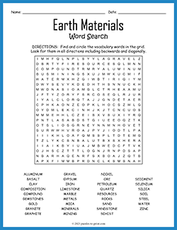 Free printable Earth Materials Word Search puzzle worksheet