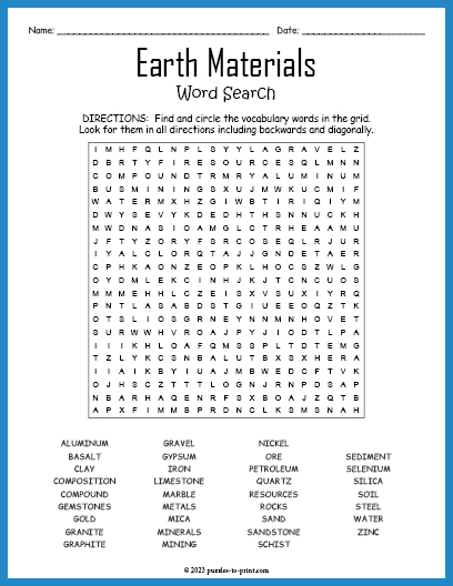 Earth Materials Word Search