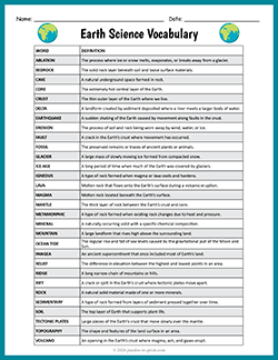 Printable earth science vocabulary list and definitions