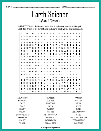 Earth Science Word Search