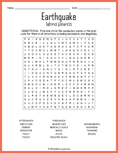 Earthquake Word Search