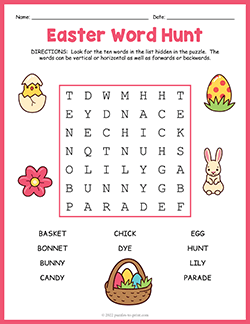 Free printable Easy Easter Word Search puzzle worksheet
