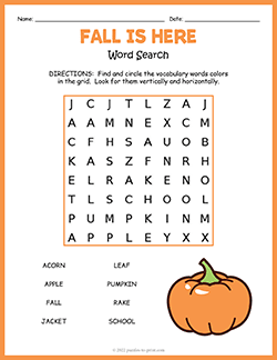 Free printable Easy Fall Word Search puzzle worksheet