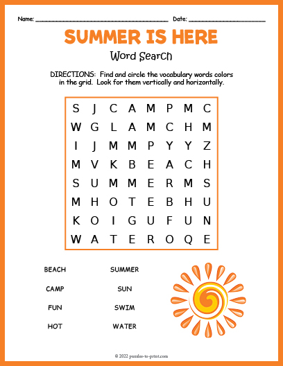 Easy Summer Word Search