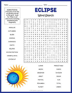 Free printable Eclipse Word Search puzzle worksheet