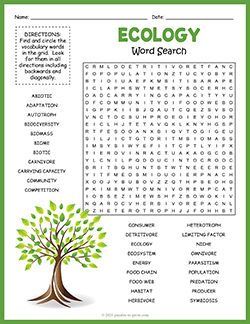 Free printable Ecology Word Search puzzle worksheet