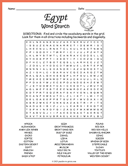 Free printable Egypt Word Search puzzle worksheet