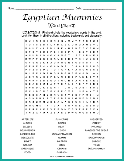 Egyptian Mummies Word Search