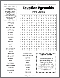 Free printable Egyptian Pyramids Word Search puzzle worksheet