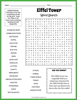 Free printable Eiffel Tower Word Search puzzle worksheet