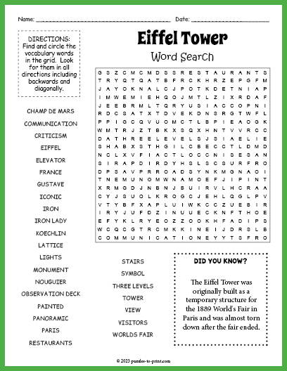 Eiffel Tower Word Search