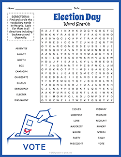 Free printable Election Day Word Search puzzle worksheet