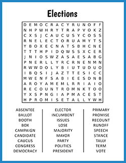 Free printable Elections Word Search puzzle worksheet
