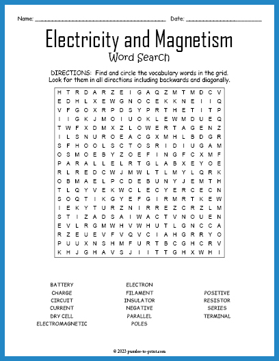 Electricity and Magnetism Word Search
