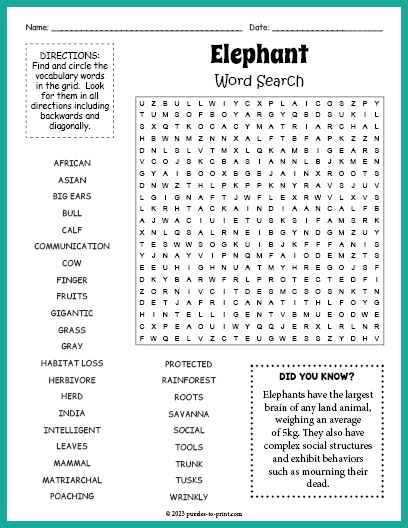 Elephant Word Search