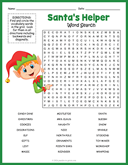 Free printable Elf Word Search puzzle worksheet
