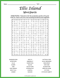 Free printable Ellis Island Word Search puzzle worksheet
