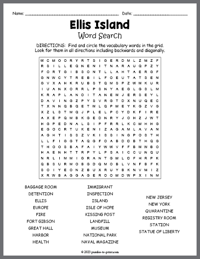 Ellis Island Word Search