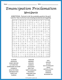Free printable Emancipation Proclamation Word Search puzzle worksheet