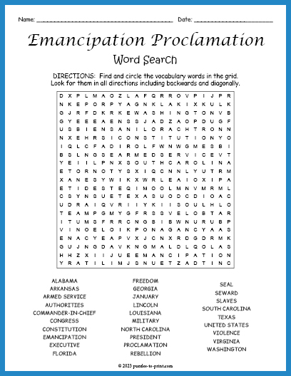 Emancipation Proclamation Word Search