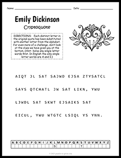 Free printable Emily Dickinson Cryptoquote puzzle worksheet